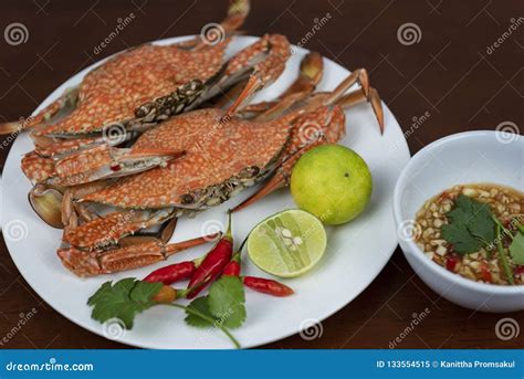 Blue Crabs Closeup with Thai Seafood Dipping Sauce on a Plate Stock ...