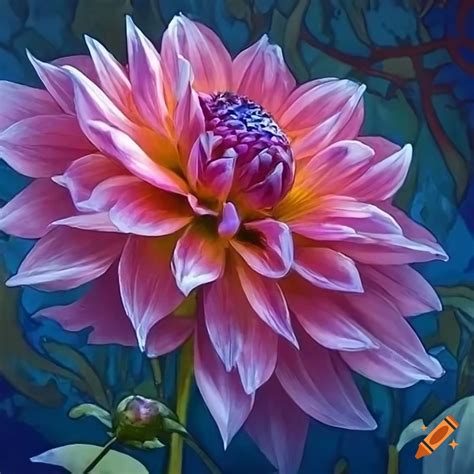 Art nouveau style painting of a dahlia with intricate details on Craiyon