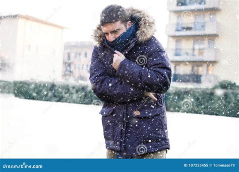 Portrait of Man Feeling Very Cold Under Snowy Weather Stock Image ...