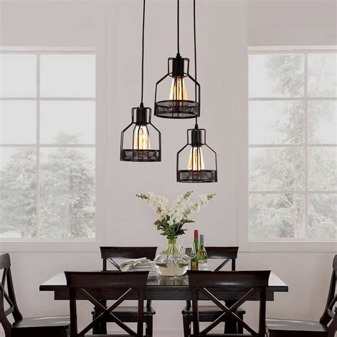 Rustic Black Metal Cage Dining Room Pendant Light with 3 Lights ...