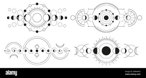 Moon phases magic geometry. Full moon crescent and gibbous icons ...