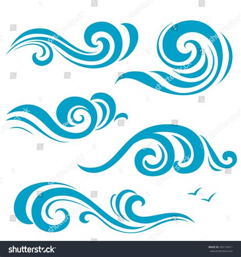 Set of decorative blue wave silhouettes. Vector ornamental sea, ocean, surf icons #Sponsored , # ...