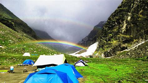 Beautiful Rainbow, Mountain and Snow, Cloudy Weather, Camping Tents ...