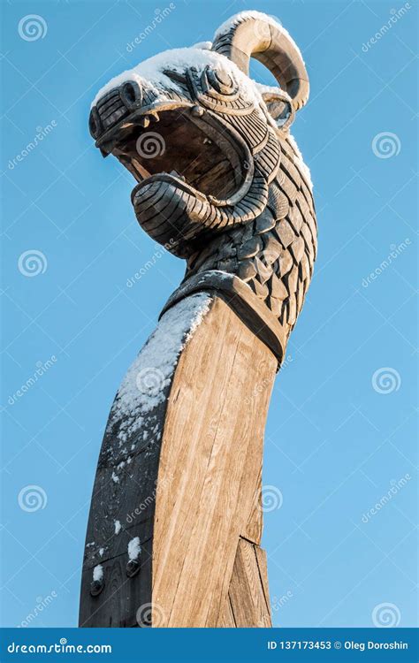 Wooden Dragon Head on Drakkar on Blue Sky Background Stock Image - Image of history, animal ...