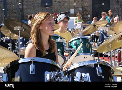 Young girl playing the drums at open air music festival Maastricht Stock Photo, Royalty Free ...