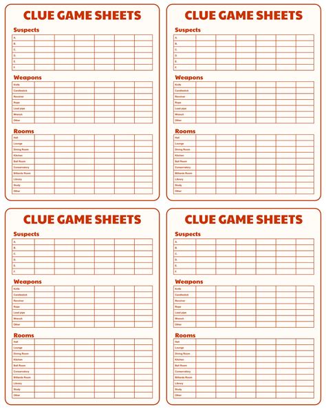 Free Printable Clue Game Sheets