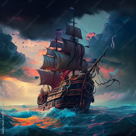 fantasy pirate ship on ocean, a spaceship in space, illustration with ...