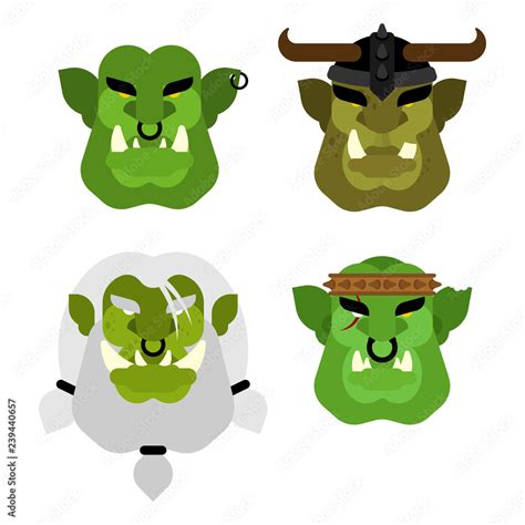 Ogre face warrior set. Green goblin head. Brutal Troll Stock Vector ...