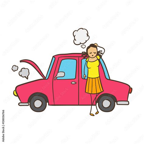 Cartoon Stick Figure Woman With Broken Down Car Stock Vector | Adobe Stock