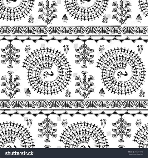 Warli Painting Seamless Pattern Hand Drawn Stock Vector 443207143 - Shutterstock