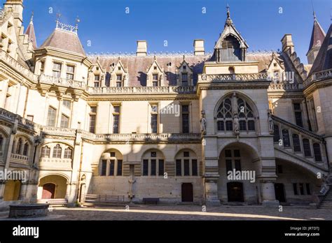 Medieval castle of Pierrefonds, Picardy, France. Interior courtyard, ornate Gothic facade Stock ...