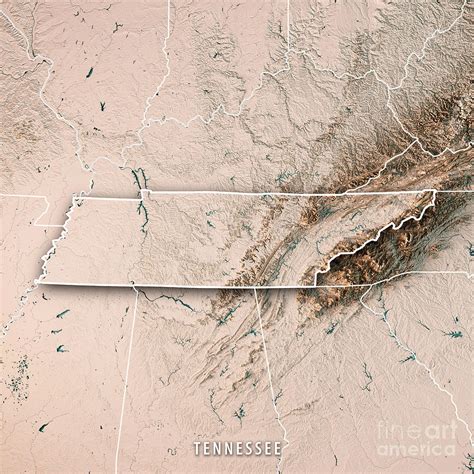 Tennessee State USA 3D Render Topographic Map Neutral Border Digital ...