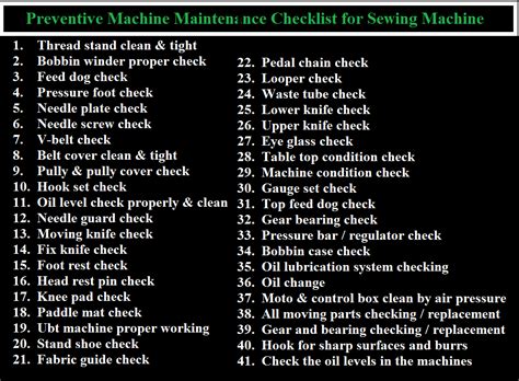 Preventive Machine Maintenance Checklist for Sewing Machine - ORDNUR