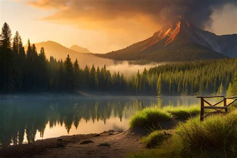 Premium AI Image | sunrise over a mountain lake