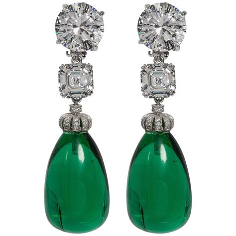 Magnificent Costume Jewelry Diamond Large Cabochon Emerald Drop Earrings at 1stDibs | emerald ...