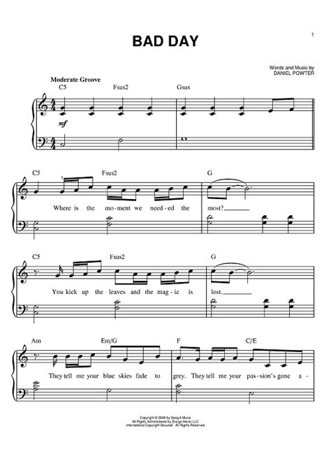 Bad Day Daniel Powter Piano Sheet Music Free