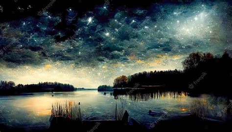 Premium Photo | Dark night with stars by the lake