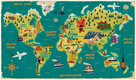 an illustrated map of the world with all countries and their major cities on it's sides
