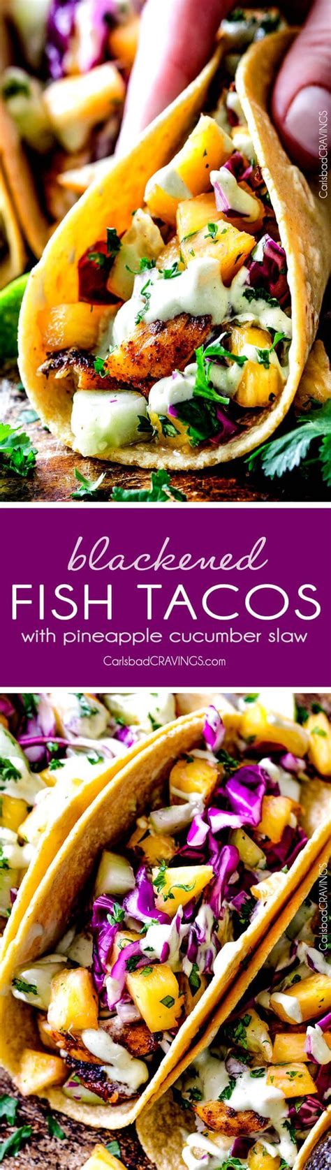 fish tacos with pineapple slaw and cilantro sauce