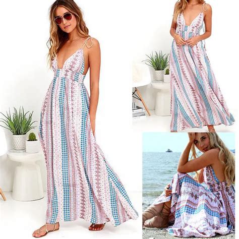 Women Ladies Summer Beach Dress Boho Sundress Sleeveless Strapless Belt High Waist Print Ankle ...