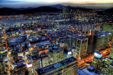 South Korea, Seoul, City at sunset