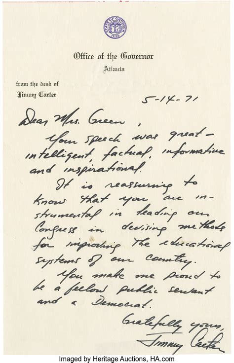 Jimmy Carter Outstanding Autograph Letter Signed: Governor Carter | Lot ...