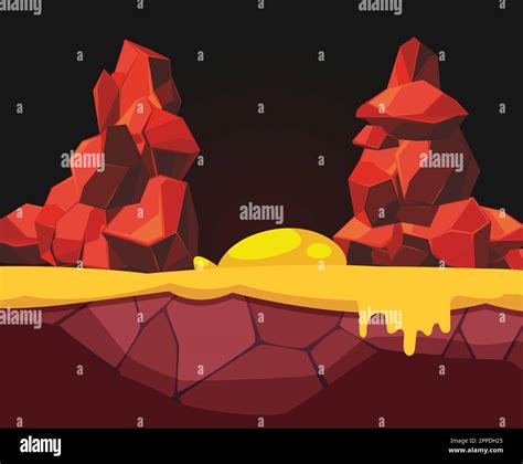 Lava cave background with rock and flowing liquid lava. Vector picture cartoon Stock Vector ...