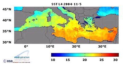 Space in Images - 2004 - 12 - Mediterranean sea surface temperature map