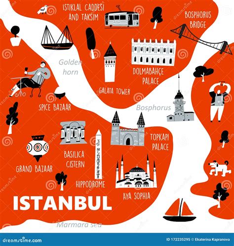 Istanbul Stylized Map With Main Tourists Attractions And Cultural Symbols, Made In Vector ...