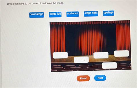 Drag each label to the correct location on the image. downstage stage left audience stage [Others]