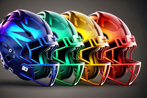 Premium Photo | Several new bright helmets for team of players in american football generative ai