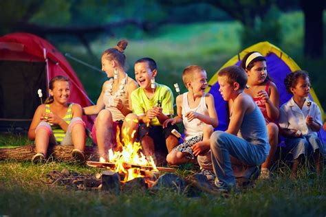 A group of kids sitting around the campfire roasting marshmallows on a Smoky Mountain camping ...