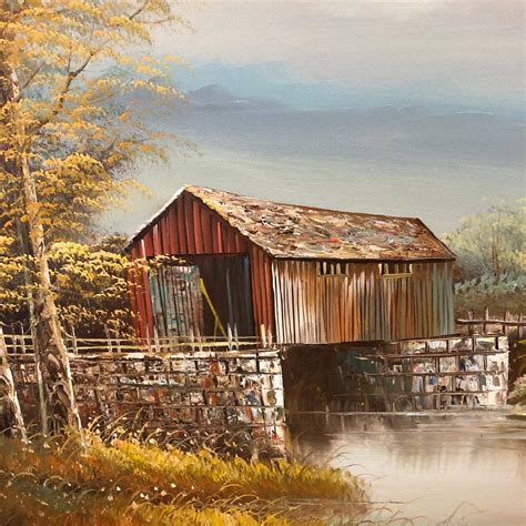 Vintage Signed R. Harris Oil Painting Covered Bridge Rural Landscape ...