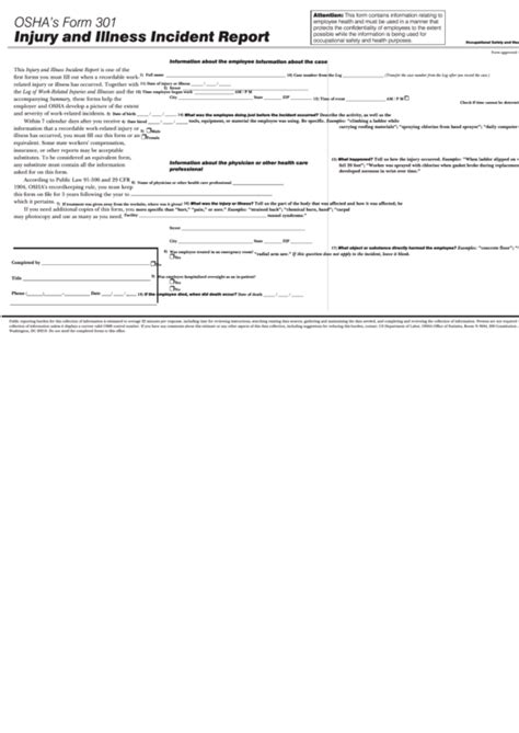 Osha Form 301 - Injury And Illness Incident Report printable pdf download