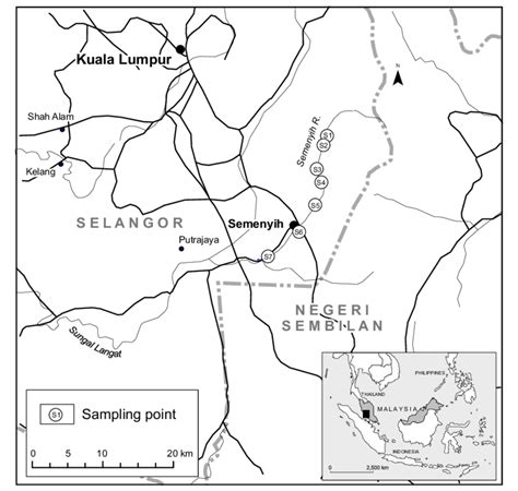 Study area and sampling stations along the Semenyih River | Download ...