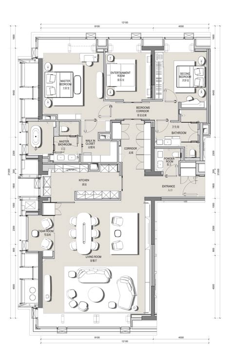 the floor plan for an apartment with three bedroom and two bathroom areas, including a living room