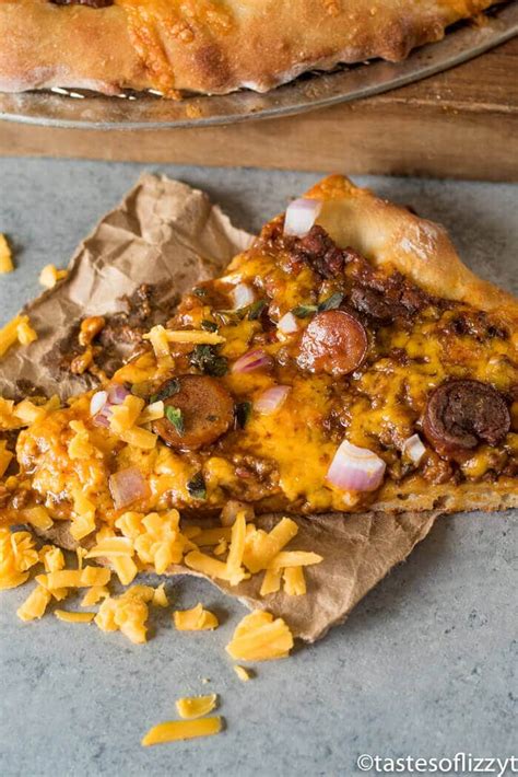 Chili Cheese Pizza with Sweet Chili Sauce, Cheese and Sliced Hot Dogs