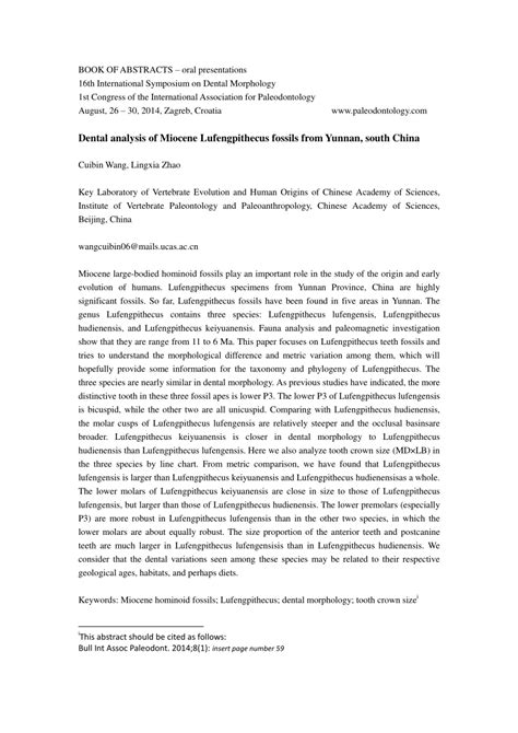 (PDF) Dental Analysis of Miocene Lufengpithecus fossils from Yunnan ...