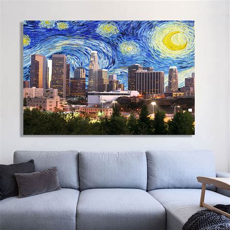 Starry Night Los Angeles Skyline Canvas Wall Art - Zapwalls