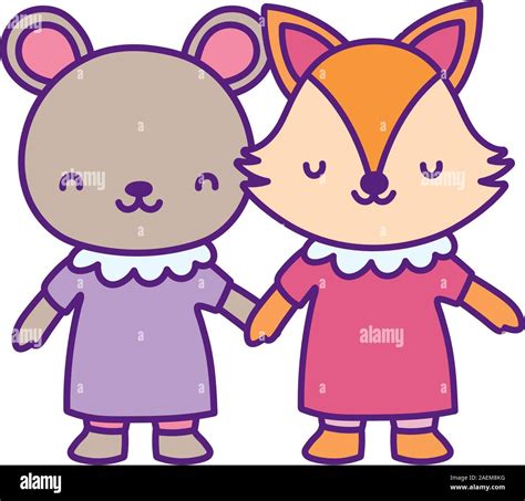 baby shower female bear and fox with dress holding hands vector illustration Stock Vector Image ...