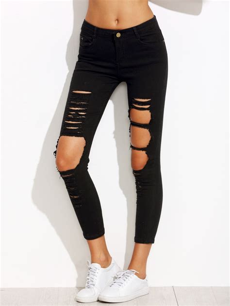 Black Distressing Ripped Knees JeansFor Women-romwe | Ripped knees, Cropped skinny jeans ...