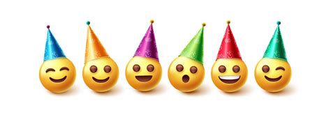 Emojis birthday characters vector set. Emoji in party hats birthday and event celebration with ...