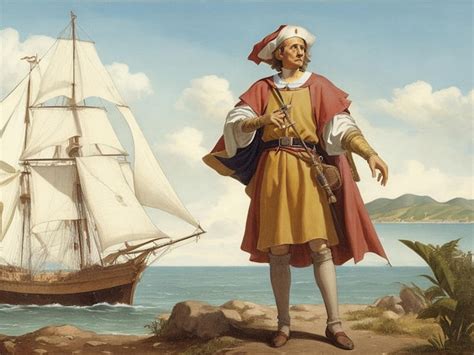 Portrait of Christopher Columbus stepping into the New World navigator ...