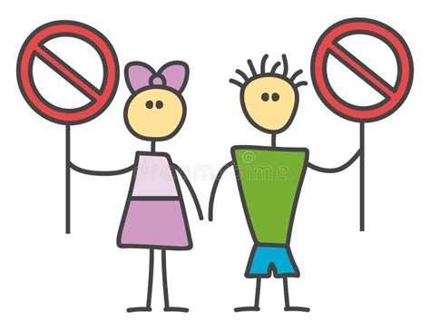 Funny Vector Stick Man and Woman Holds a Stop Sign in Children`s Style. No Way Sign Red ...