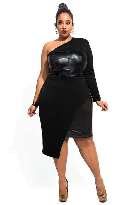 Black One-shoulder Leatherette Bust and Side Plus Size Dress | Plus size outfits, Plus size ...