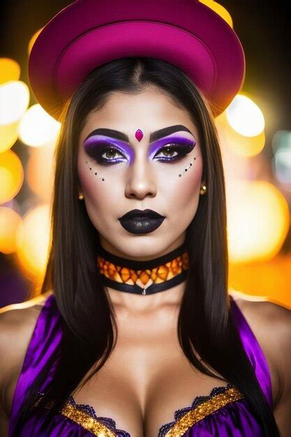 Premium AI Image | Portrait of a model with purple makeup at night on a city street Halloween