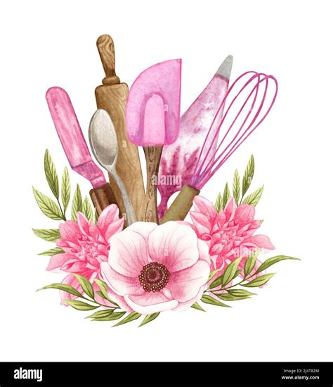 Baking watercolor illustration with kitchen utensils , polling pin ...