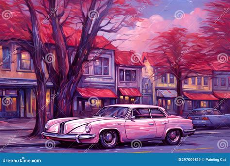 Vintage Car on the Street of the City, Digital Painting Stock Illustration - Illustration of ...