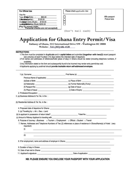 Fillable Application For Ghana Entry Permit/visa Form - Embassy Of Ghana printable pdf download