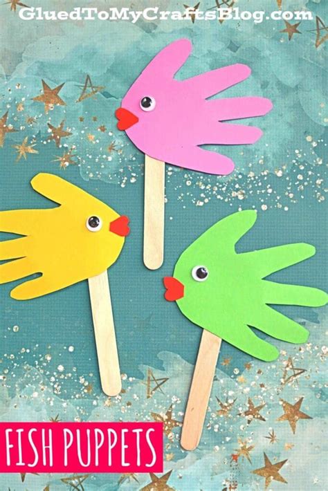 Handprint Fish Puppets - Kid Craft Idea For Summer | Toddler arts and crafts, Toddler art ...